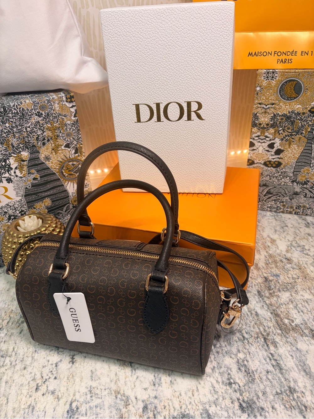 GUESS Brown Monogram Satchel with Gold Hardware